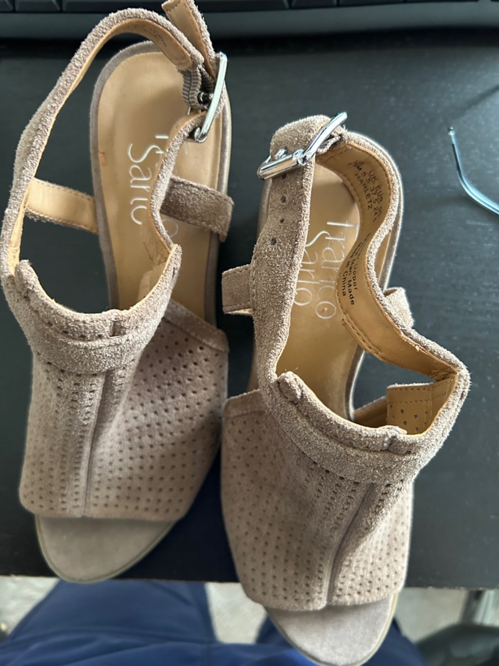 Franco Sarto Taupe Suede Perforated Slingback Sandals